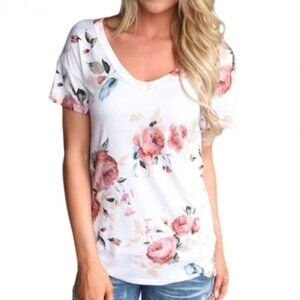 Floral V Neck Women White Short Sleeve Shirt